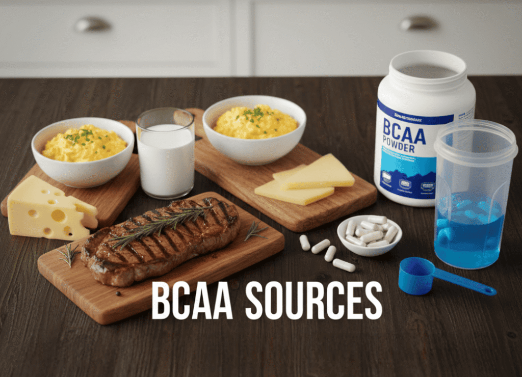 Image of the BCAAs foods like meat, eggs, and dairy, and supplements