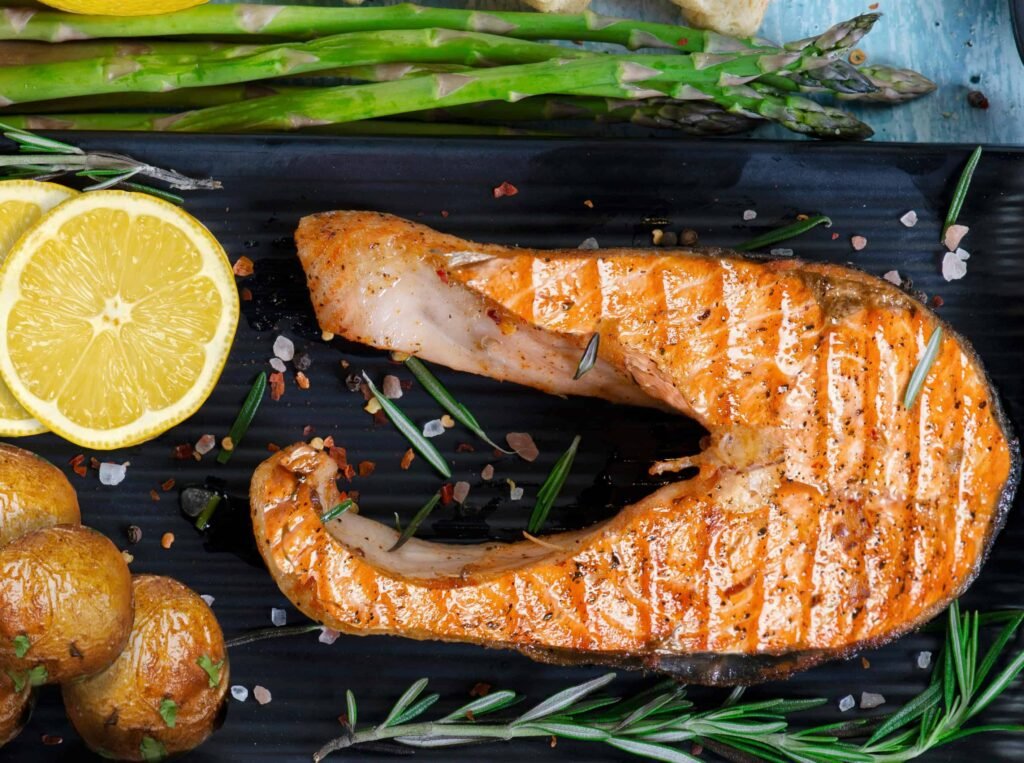 Baked Salmon with Sweet Potato and Asparagus Baked Salmon with Sweet Potato and Asparagus with lemon