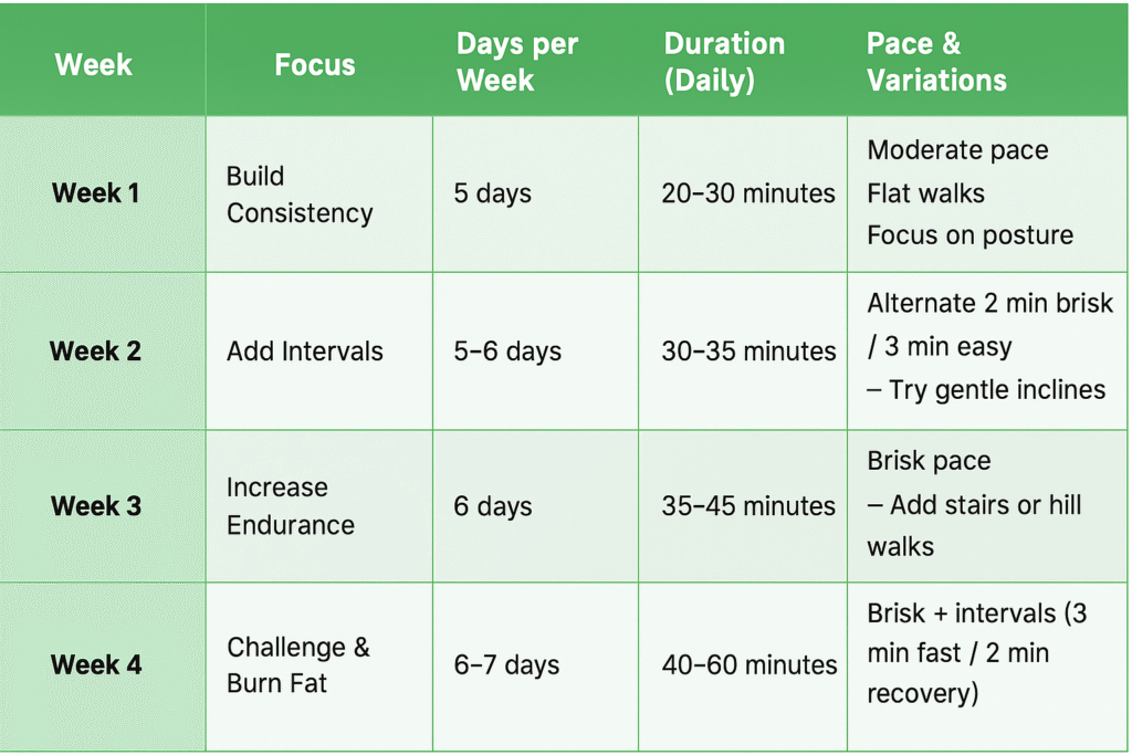 28-day walking plan for weight loss with weekly goals, durations, and pace variations