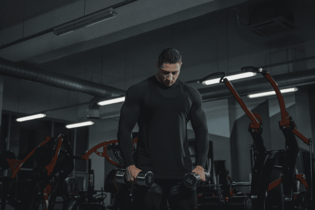 A muscular man wearing Compression Garments and carrying two dumbbells in the gym