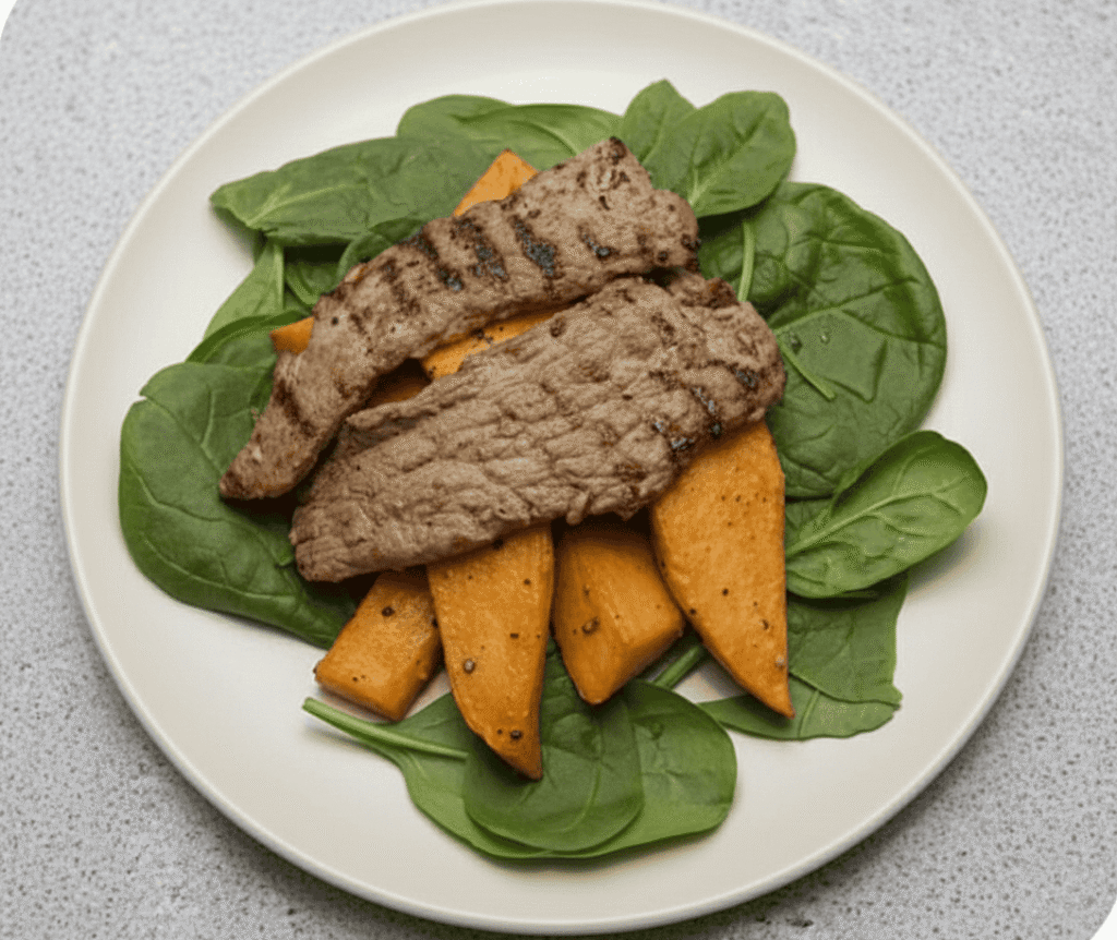 Grilled Steak with Sweet Potato Fries and Steamed Spinach Grilled Steak with Sweet Potato Fries and Steamed Spinach on a white plate