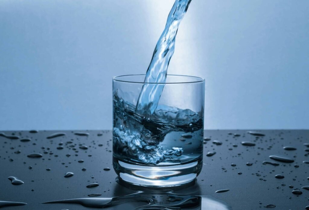 Water being poured into a glass with droplets on the surface, highlighting hydration for muscle recovery