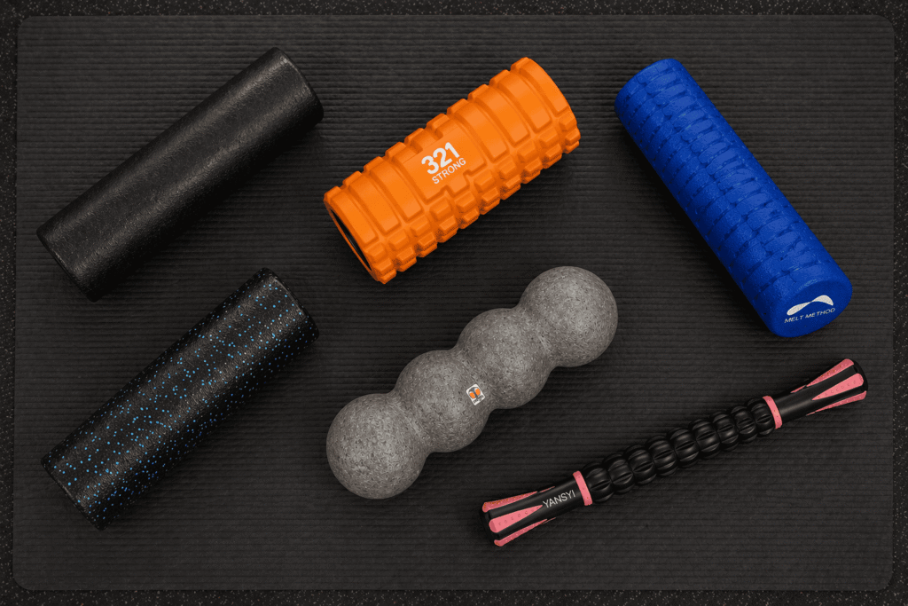 Top-down view of six foam rollers and a massage stick arranged on a black fitness mat,and handheld tools for muscle recovery