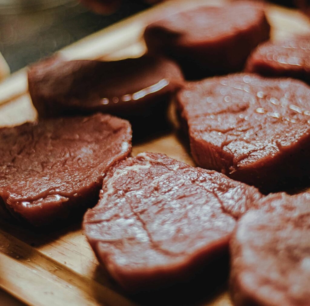 Close-up of Lean Beef on a wooden tray