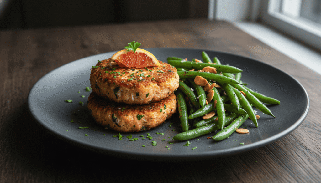 Image of Salmon Cakes with Green Bean Almondine
