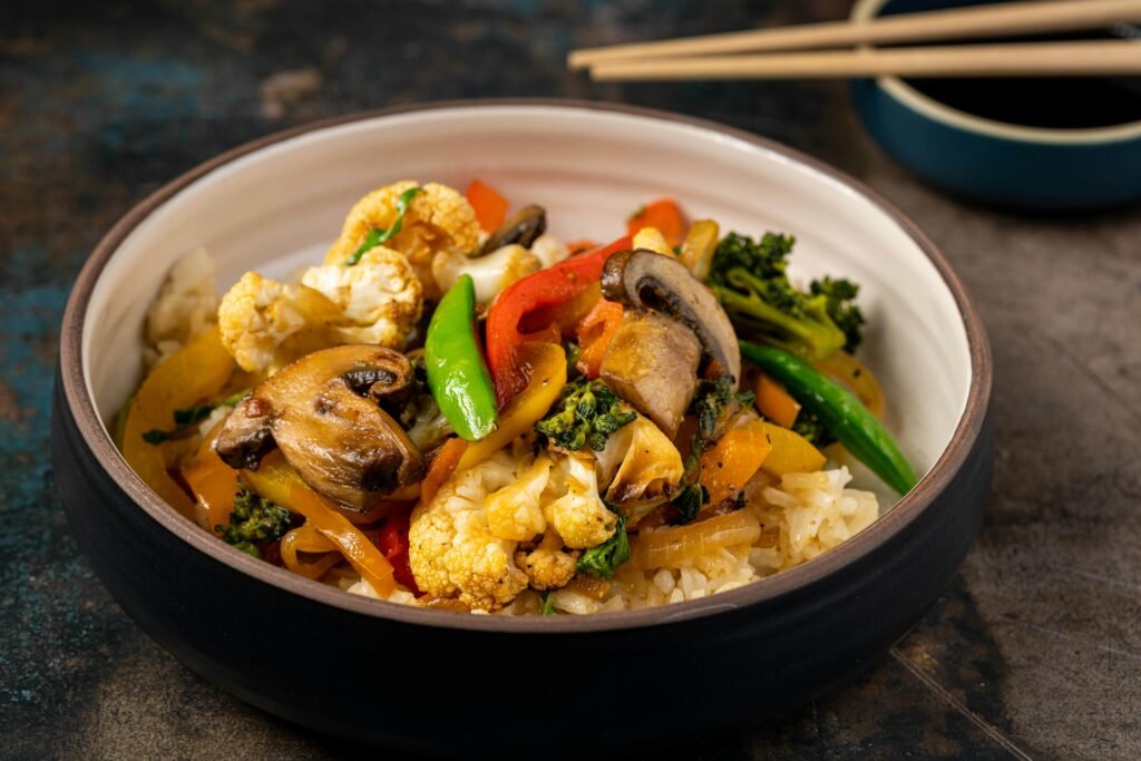 Photo of a Tempeh Stir-Fry with Broccoli and Mushrooms