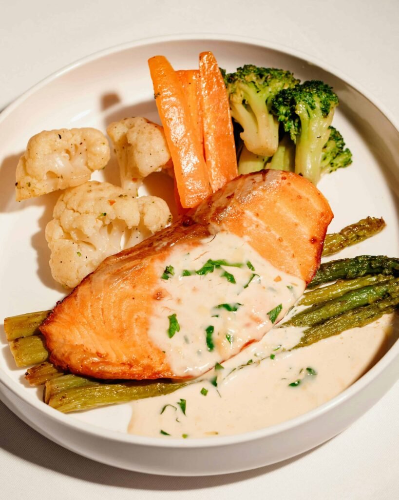 image of a plate with Grilled Salmon with Steamed Broccoli