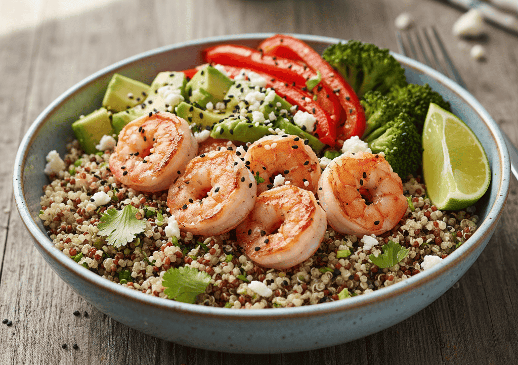 Shrimp & Quinoa Power Bowl with lemon,pepper and broccoli 
