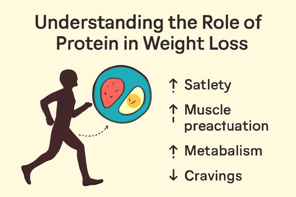 Infographic showing the role of protein in weight loss, including satiety, metabolism, muscle support, and benefits of a high-protein breakfast